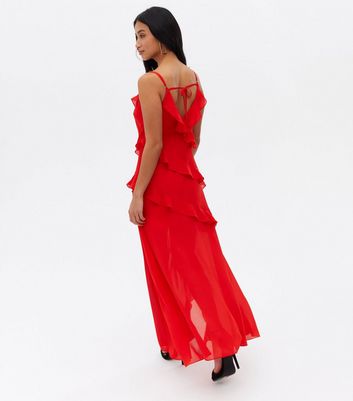 Petite Red Chiffon Strappy Frill Midi Dress New Look