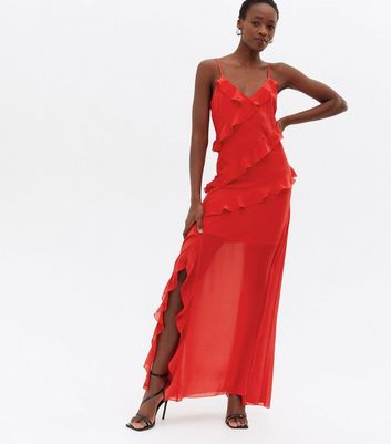 Red chiffon ruffle store layer maxi dress