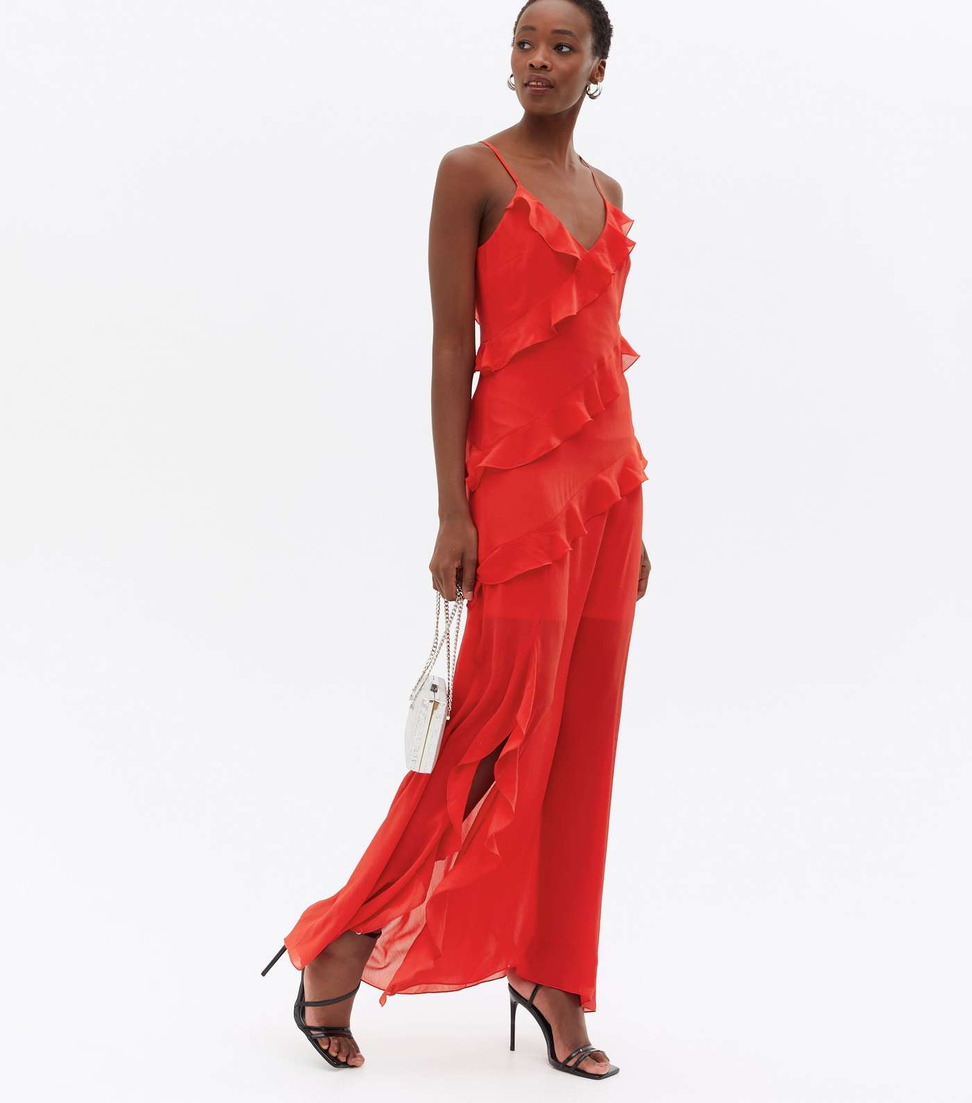 Tall Red Ruffle Chiffon Strappy Maxi Dress Image 2