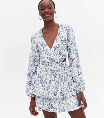 Navy floral cut in neck hot sale wrap dress