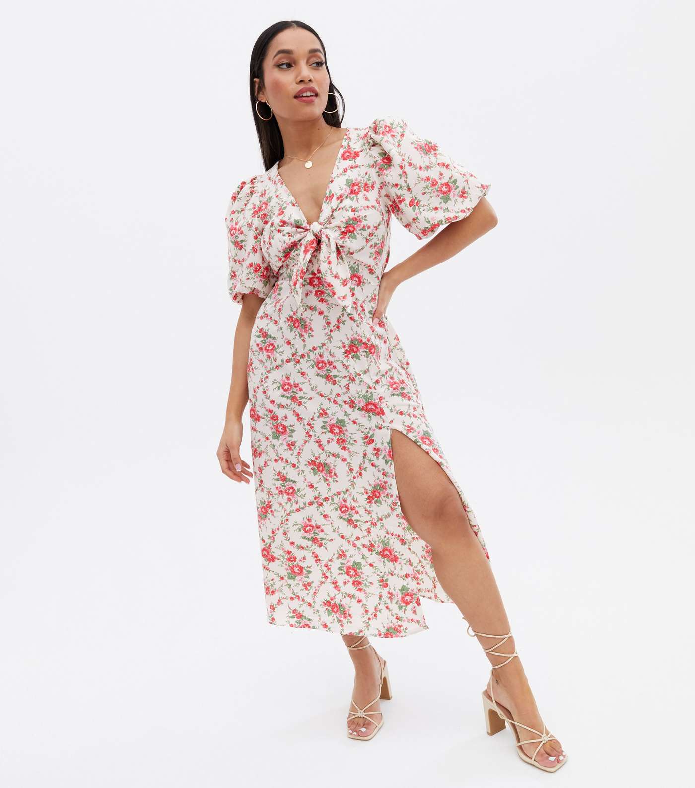 Petite White Floral Tie Front Puff Sleeve Midi Dress