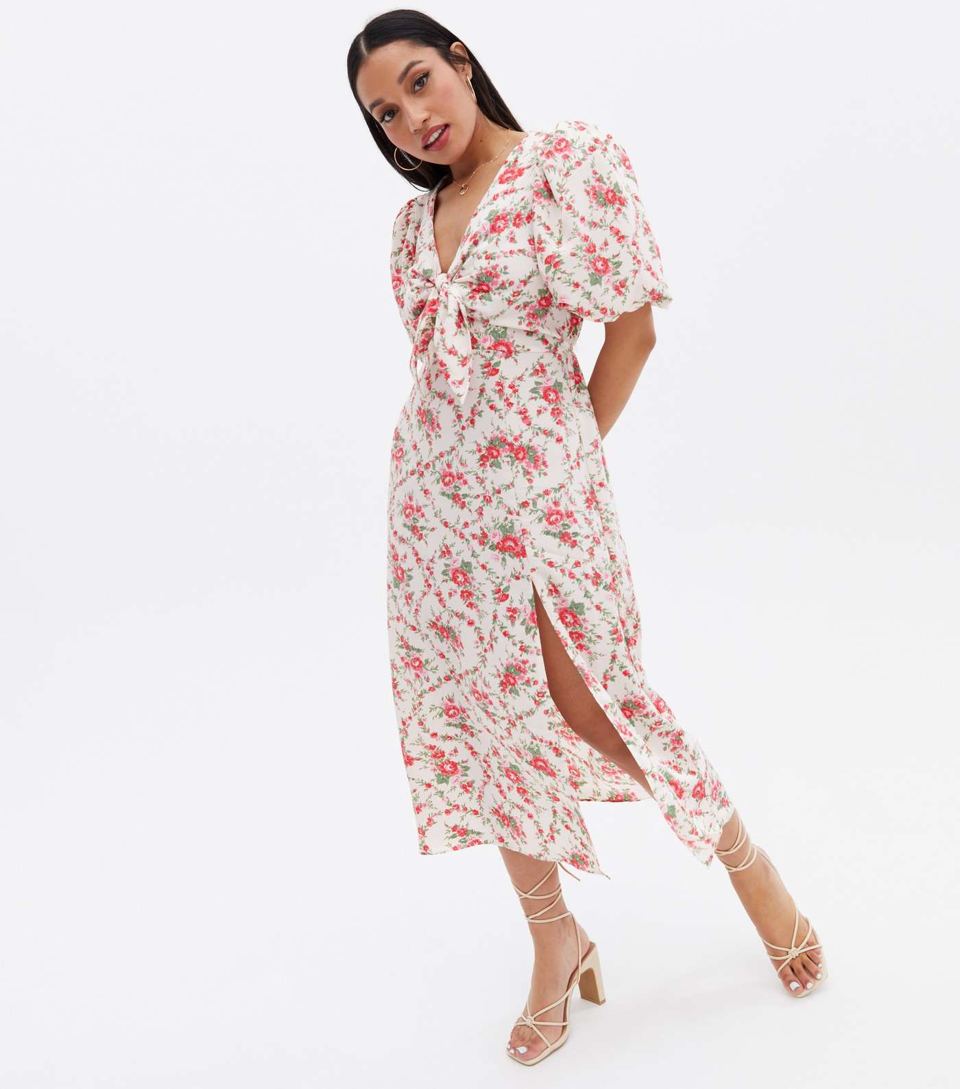Petite White Floral Tie Front Puff Sleeve Midi Dress Image 3