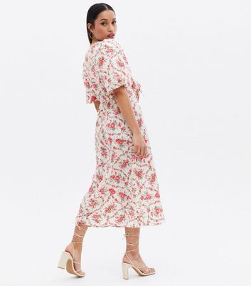 Petite White Floral Tie Front Puff Sleeve Midi Dress New Look