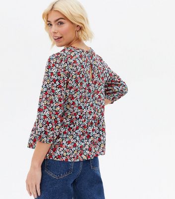 shop for Madam Rage Red Floral 3/4 Sleeve Peplum Top New Look at Shopo