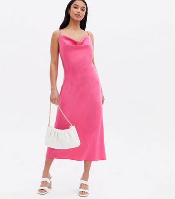 Damen Bekleidung Petite Bright Pink Satin Cowl Neck Midi Slip Dress