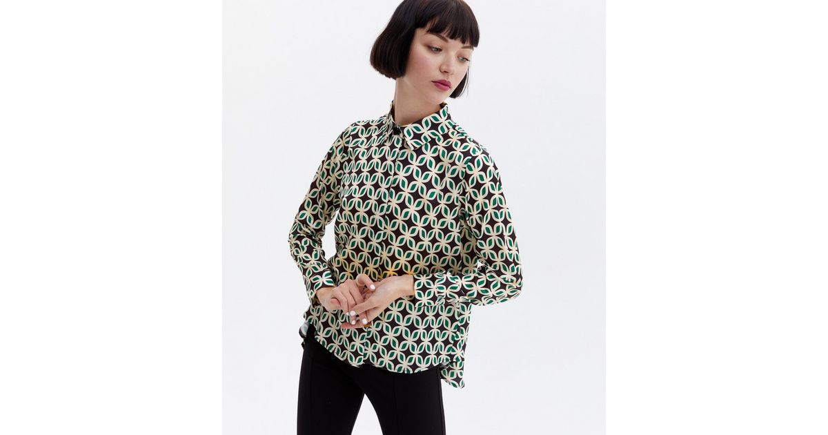 Cameo Rose Green Geometric Dip Hem Long Sleeve Shirt | New Look