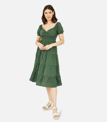 Mela Green Spot Shirred Tiered Midi Dress New Look