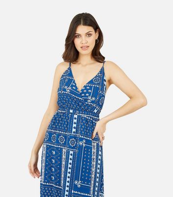 Mela Navy Tile Print Strappy Maxi Wrap Dress New Look