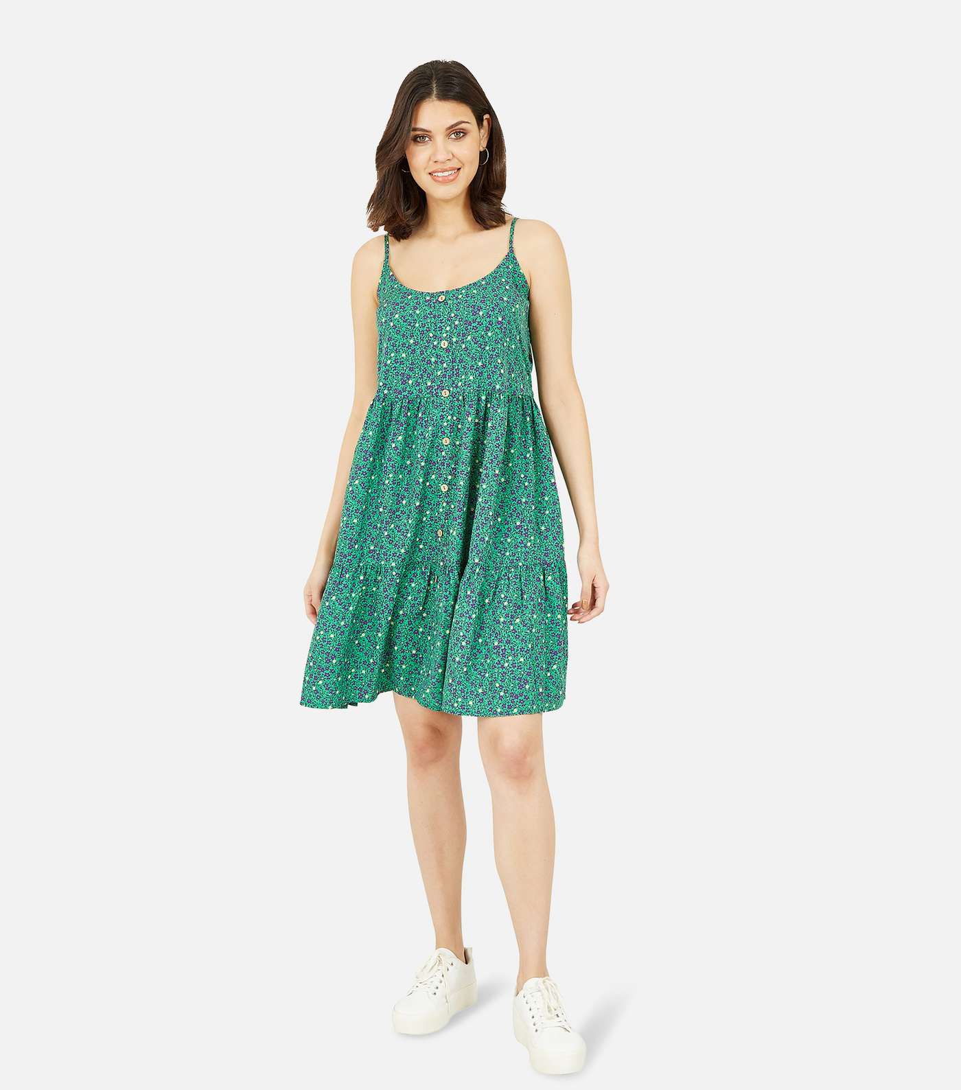 Mela Green Floral Button Tiered Swing Dress Image 2