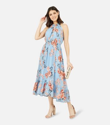 Mela Blue Floral Dip Hem Midi Halter Dress New Look