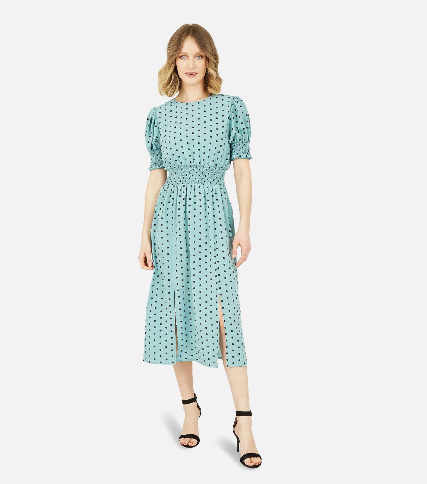 Mela Green Polka Dot Shirred Split Midi Dress