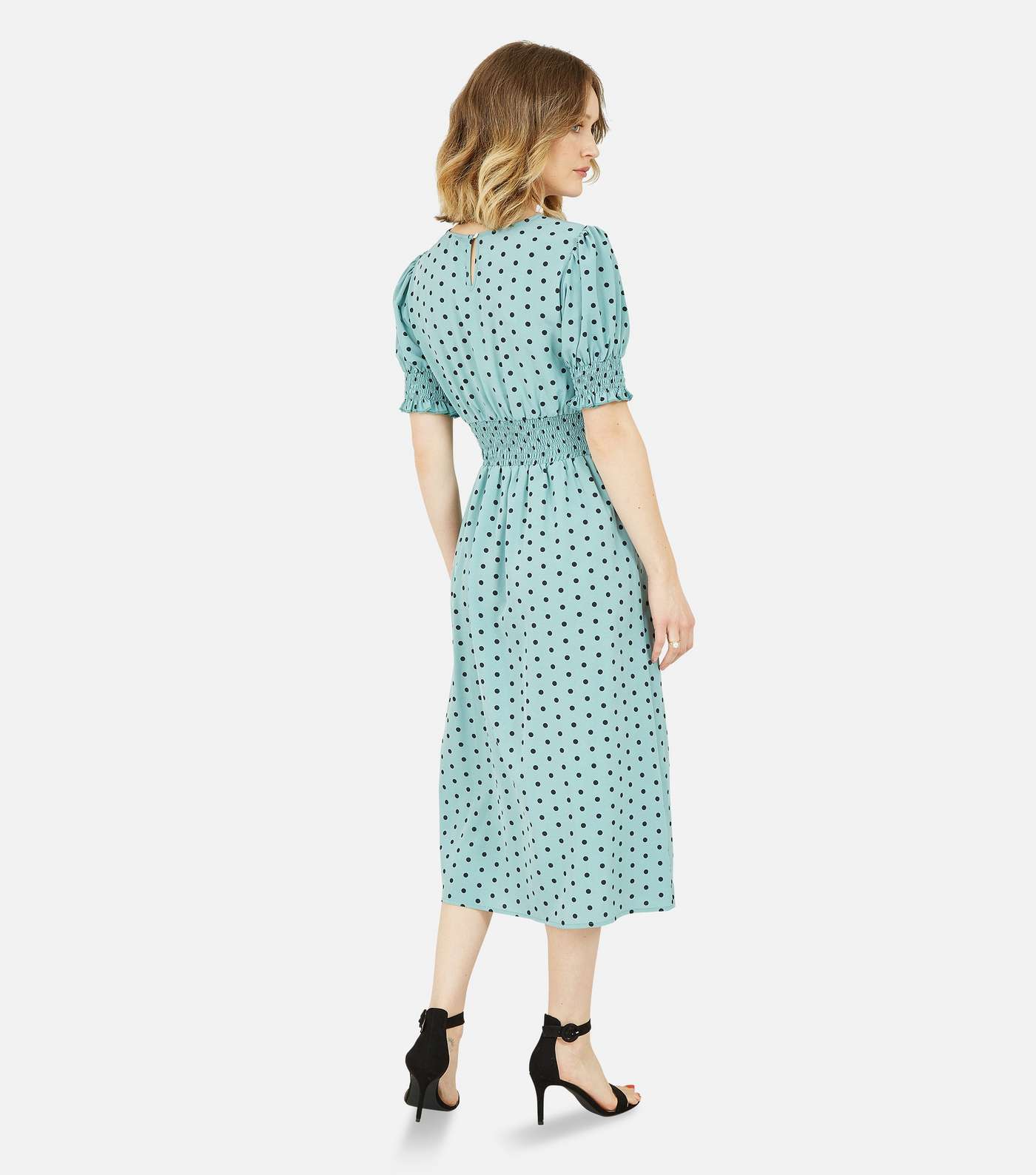 Mela Green Polka Dot Shirred Split Midi Dress Image 3