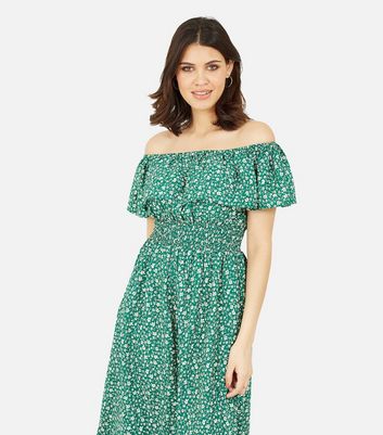 Mela Green Ditsy Floral Frill Midi Bardot Dress New Look