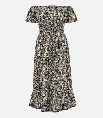 Mela Black Ditsy Floral Bardot Midi Dress New Look