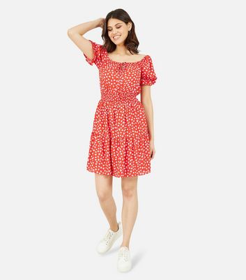 Mela Red Heart Shirred Tiered Mini Bardot Dress New Look