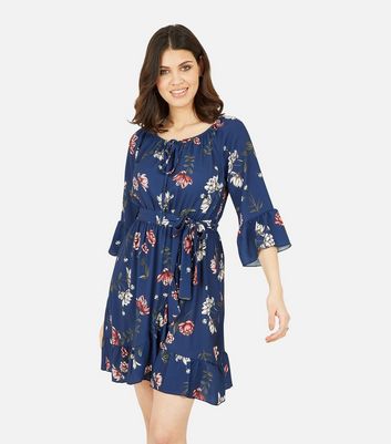 Mela Navy Floral Bardot Mini Wrap Dress New Look