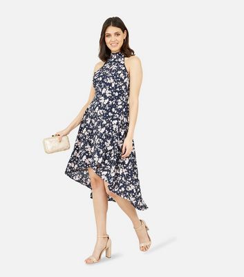 Mela Navy Floral Halter Neck Dip Hem Midi Dress New Look