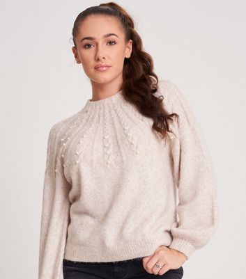 Urban Bliss Cream Faux Pearl High Neck Jumper New Look