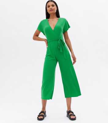 Green Ribbed Wrap Crop Jumpsuit