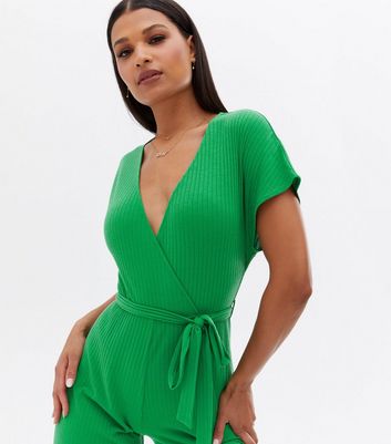 Green Ribbed Wrap Crop Jumpsuit New Look