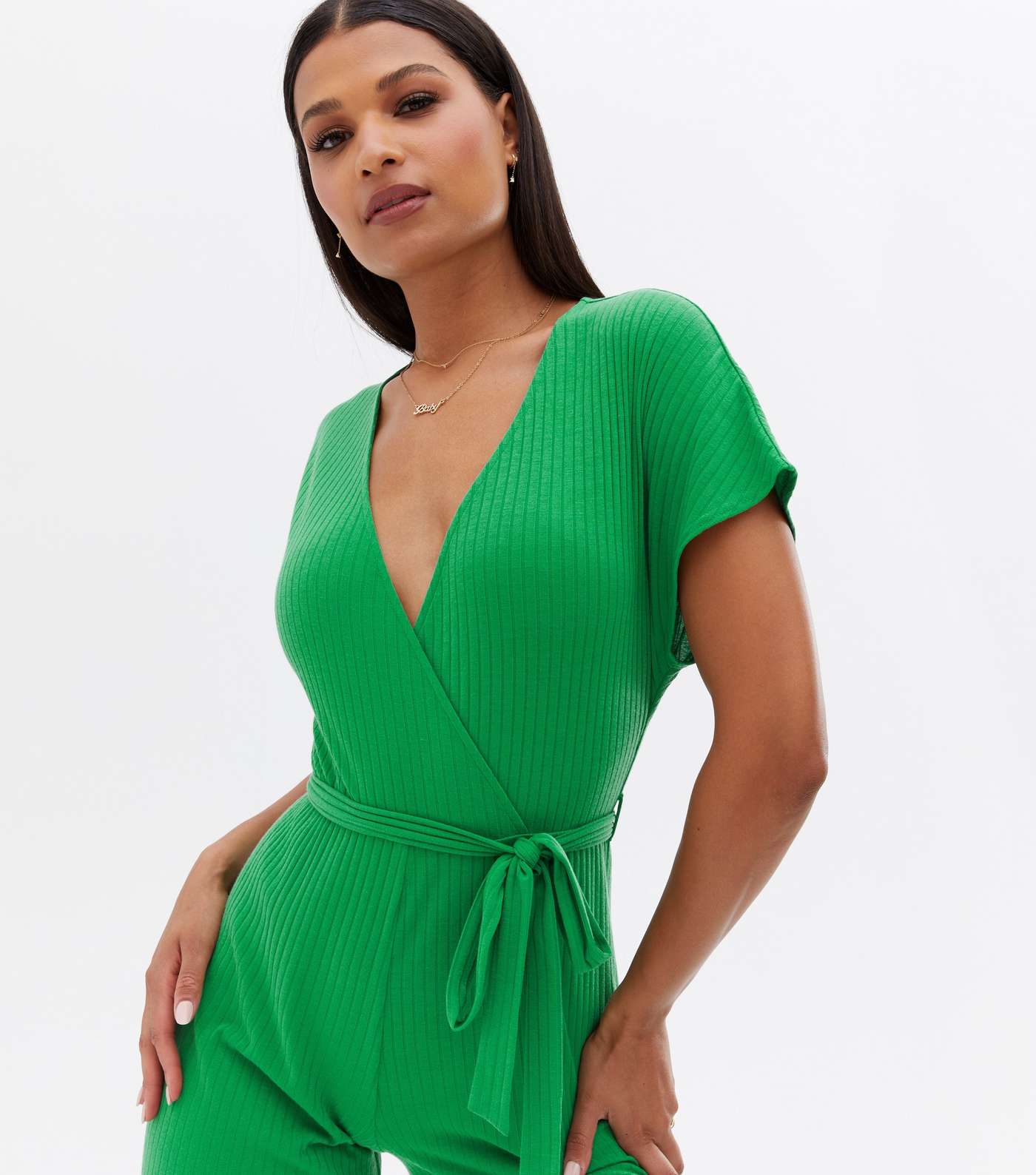 Green Ribbed Wrap Crop Jumpsuit Image 2