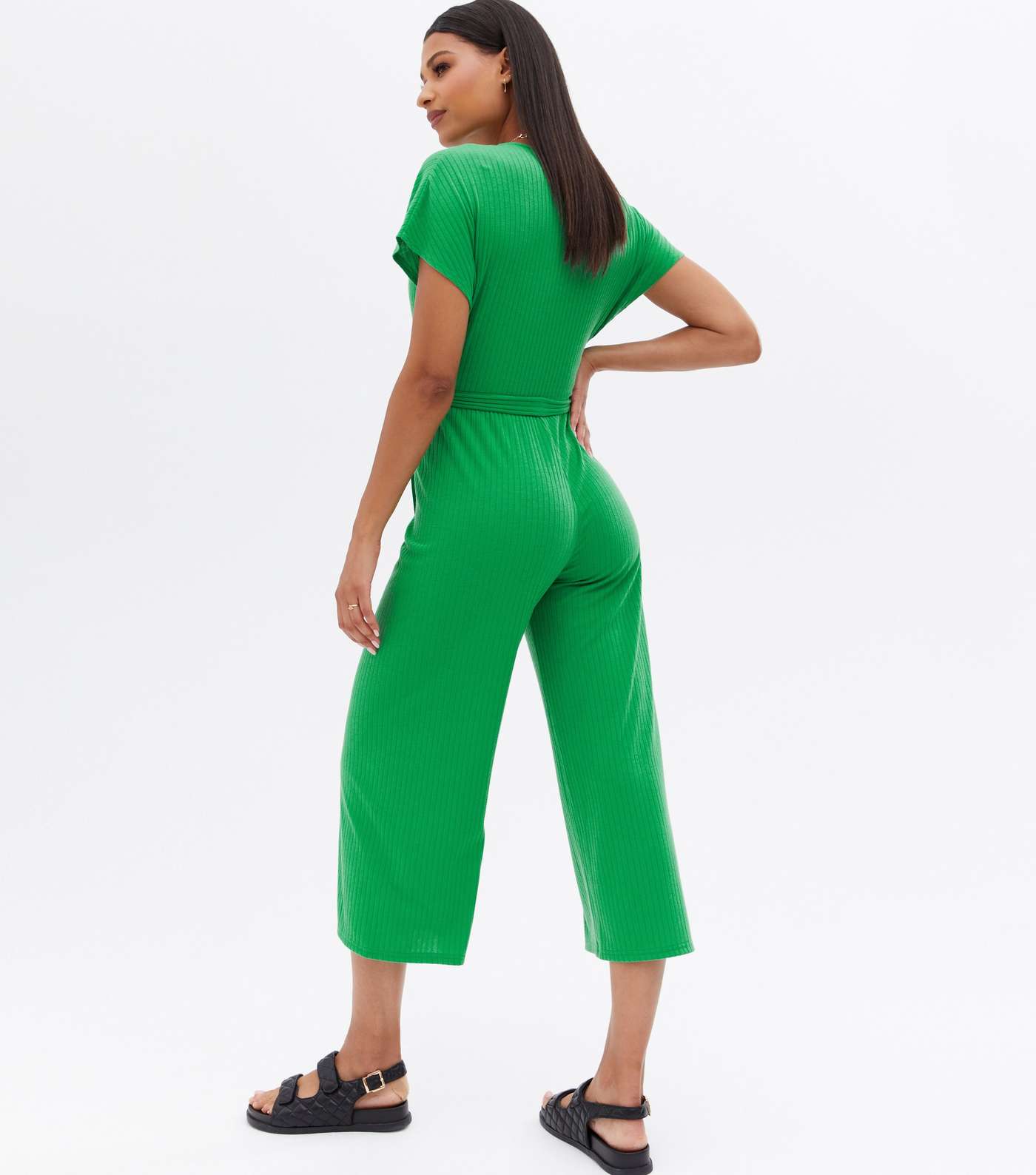Green Ribbed Wrap Crop Jumpsuit Image 4