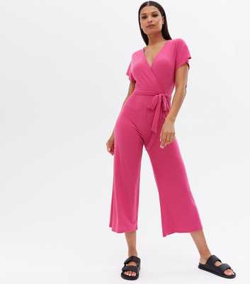 Mid Pink Ribbed Wrap Crop Jumpsuit