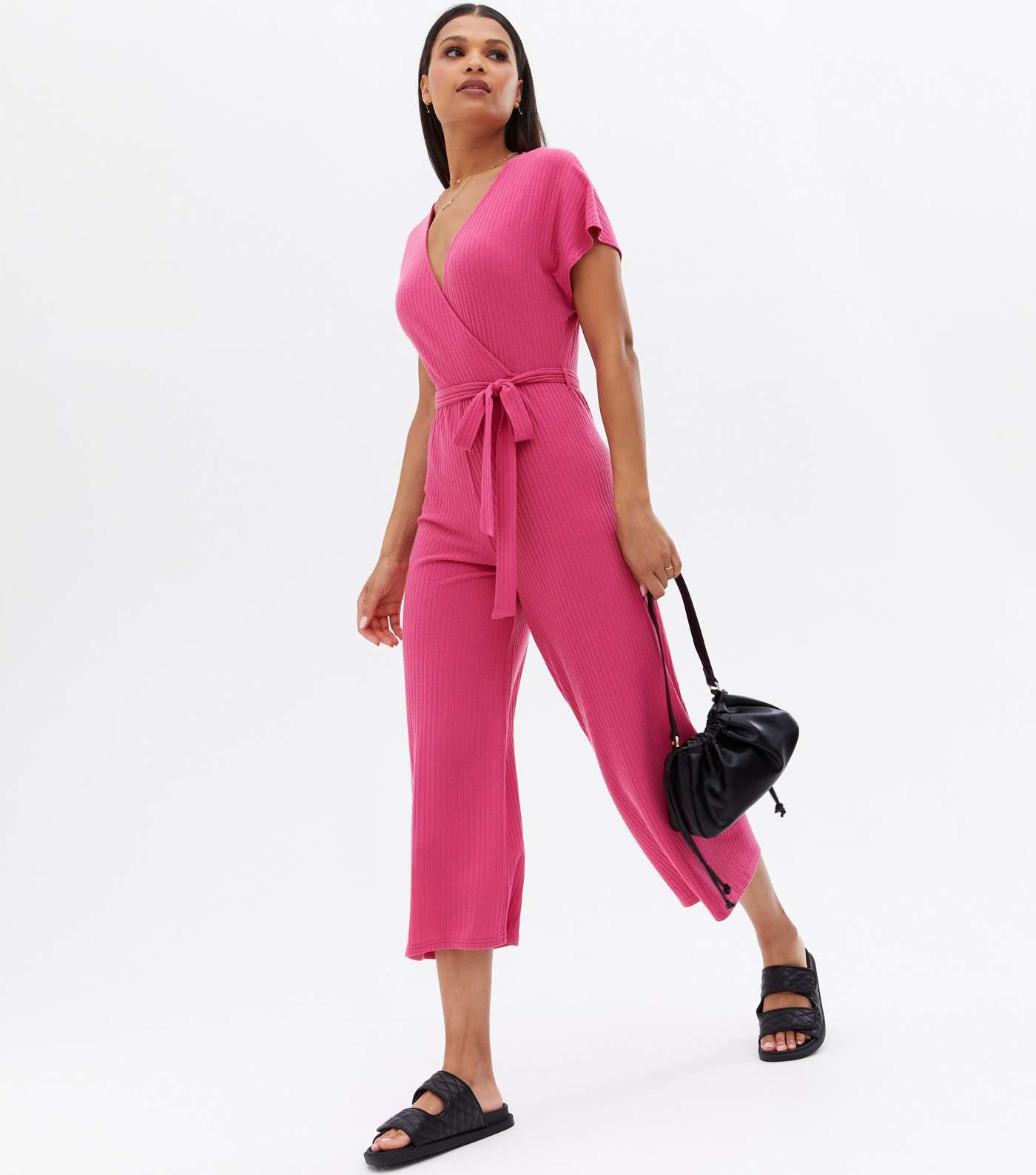 Mid Pink Ribbed Wrap Crop Jumpsuit Image 3