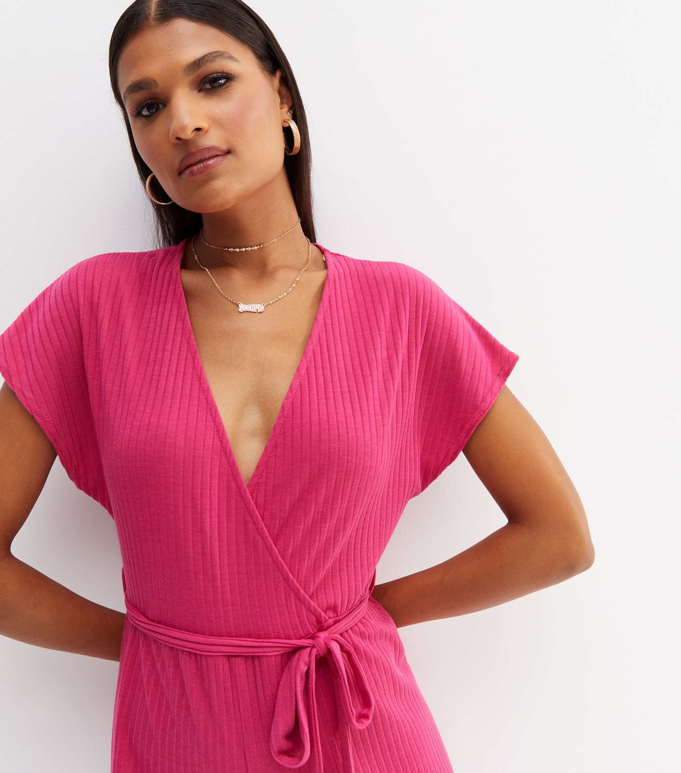 Bright Pink Ribbed Wrap Crop Jumpsuit Image 2