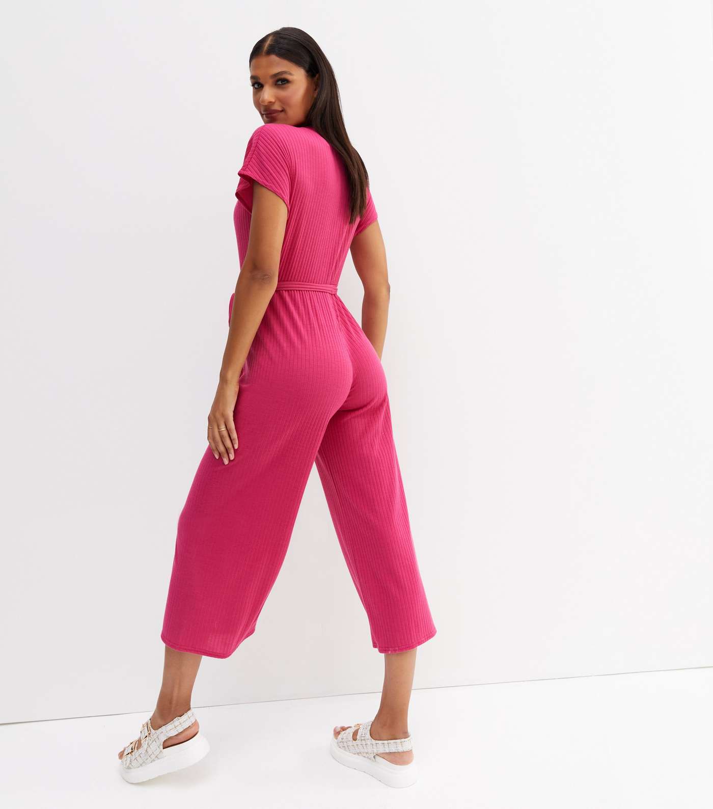 Bright Pink Ribbed Wrap Crop Jumpsuit Image 4