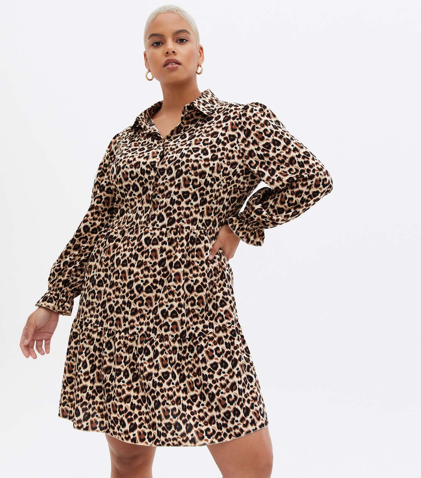 Curves Brown Leopard Print Tiered Mini Smock Shirt Dress