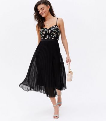 Black Floral Embroidered Bustier Pleated Midi Dress | New Look