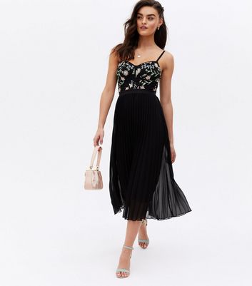 Black Floral Embroidered Bustier Pleated Midi Dress | New Look