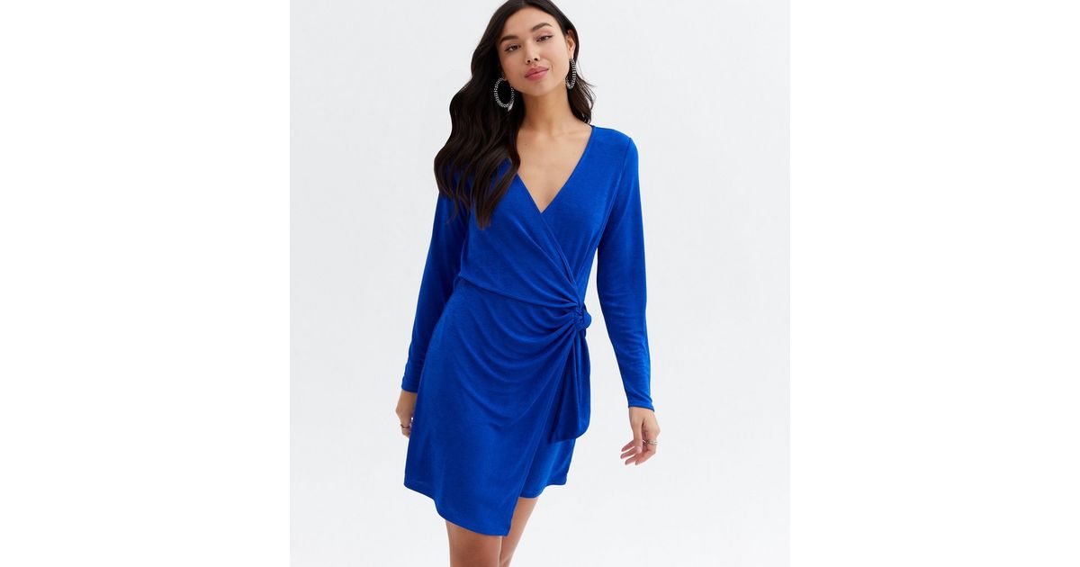 Blue Long Sleeve Mini Wrap Dress New Look