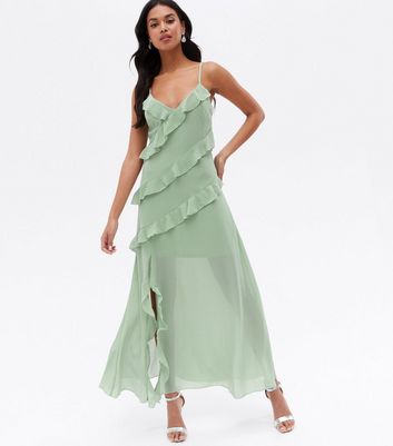 Light Green Chiffon Ruffle Strappy Midi Dress New Look