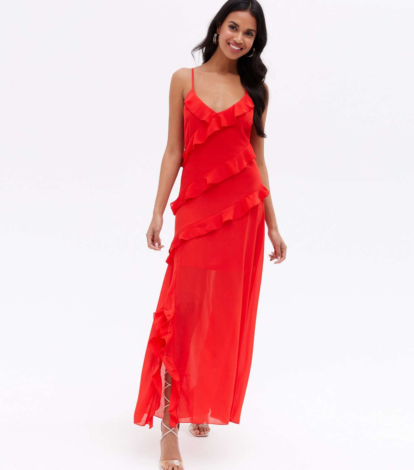 Red Chiffon Ruffle Strappy Midi Dress Image 2