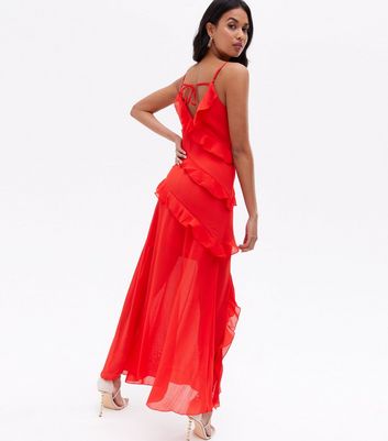 Red Chiffon Ruffle Strappy Midi Dress New Look