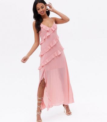 Pale Pink Chiffon Ruffle Strappy Midi Dress New Look