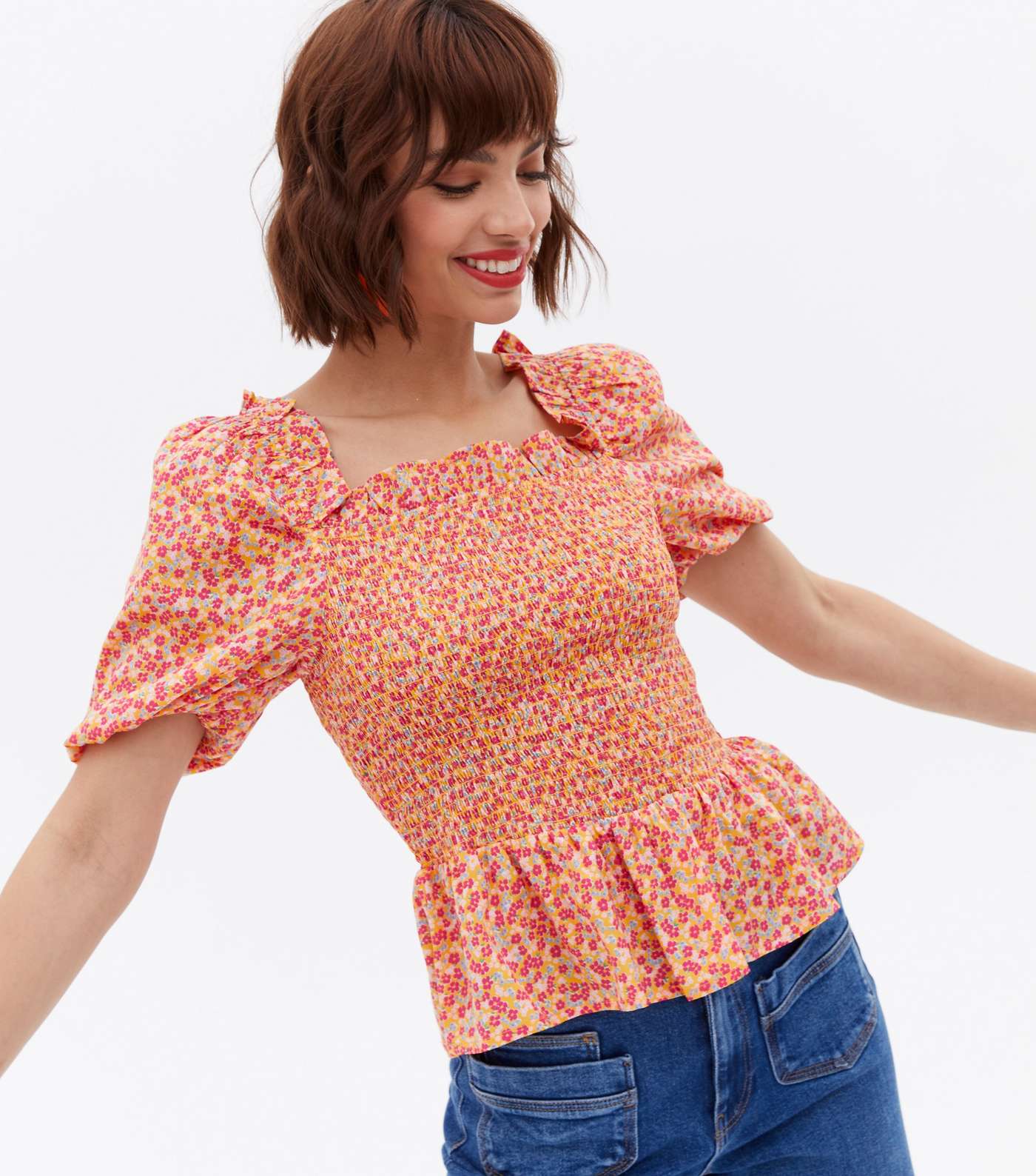 Pink Ditsy Floral Shirred Peplum Blouse