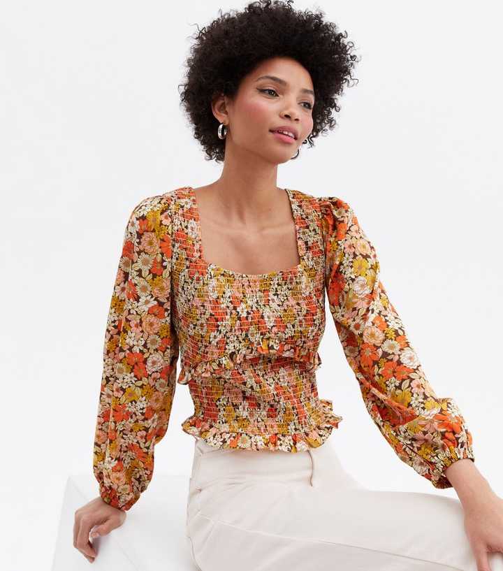 Brown Floral Shirred Frill Blouse