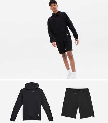 Boys 2 Pack Black Jersey Hooded and Shorts Set