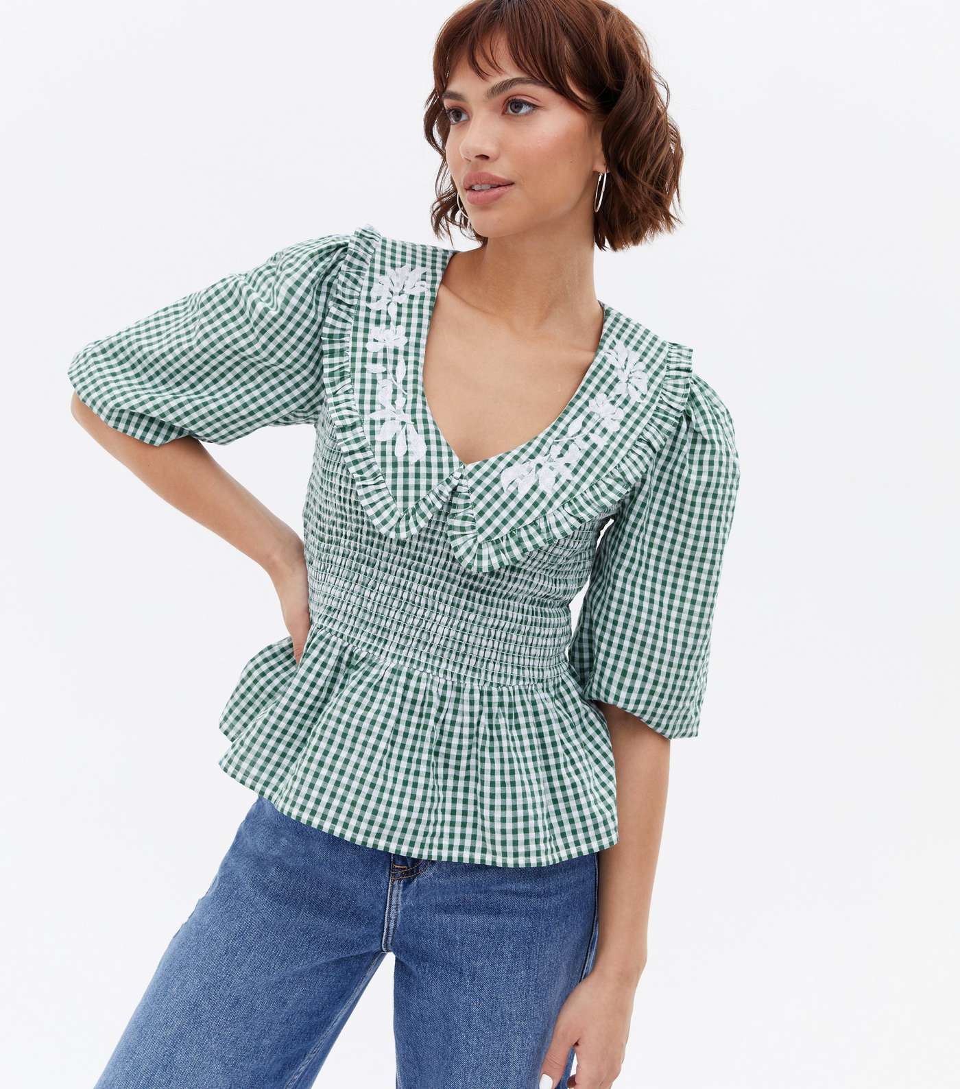 Green Gingham Embroidered Frill Collar Peplum Blouse Image 2