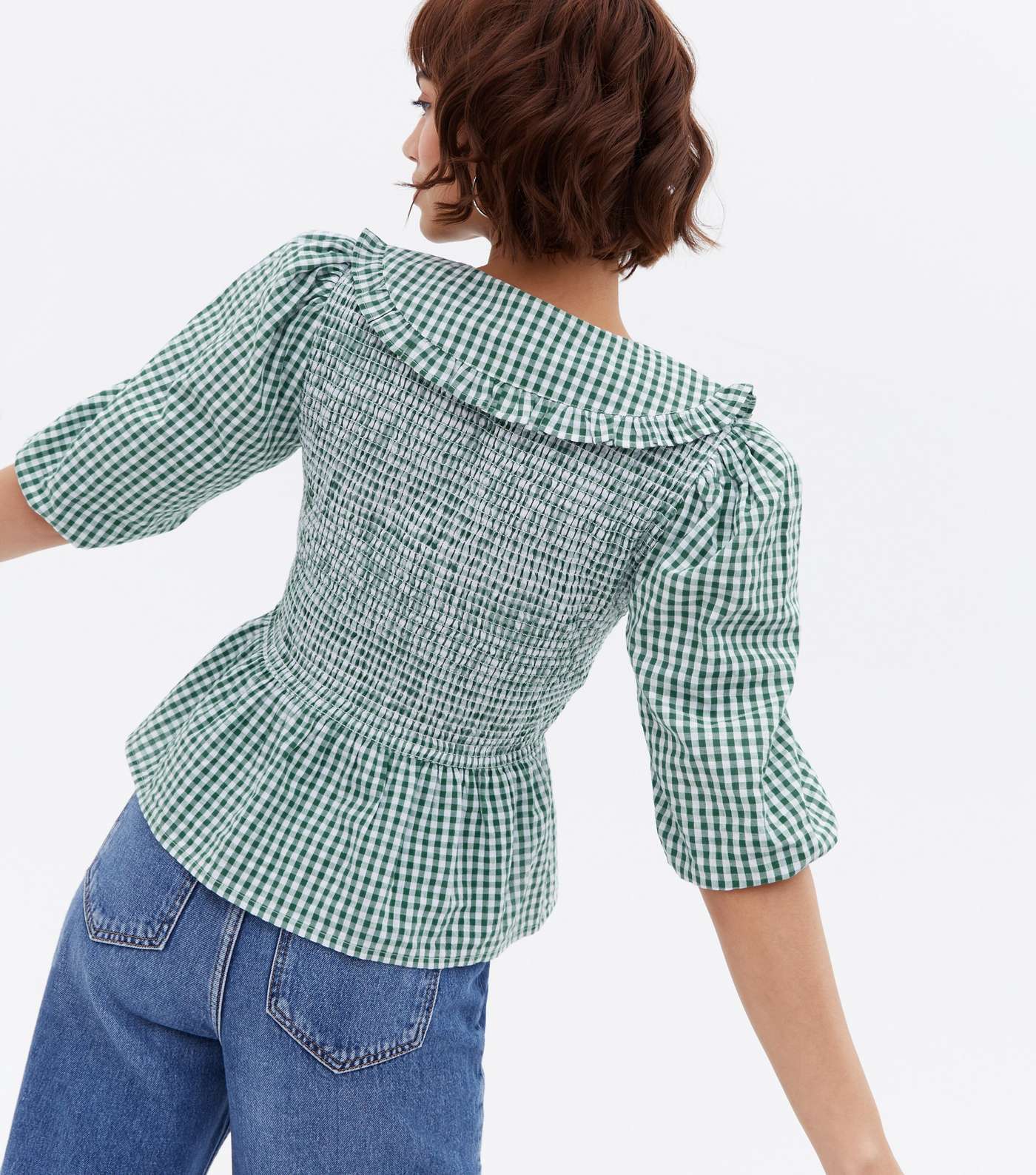 Green Gingham Embroidered Frill Collar Peplum Blouse Image 4