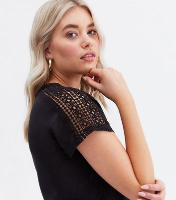 Damen Bekleidung Tall Black Crochet Sleeve Long T-Shirt