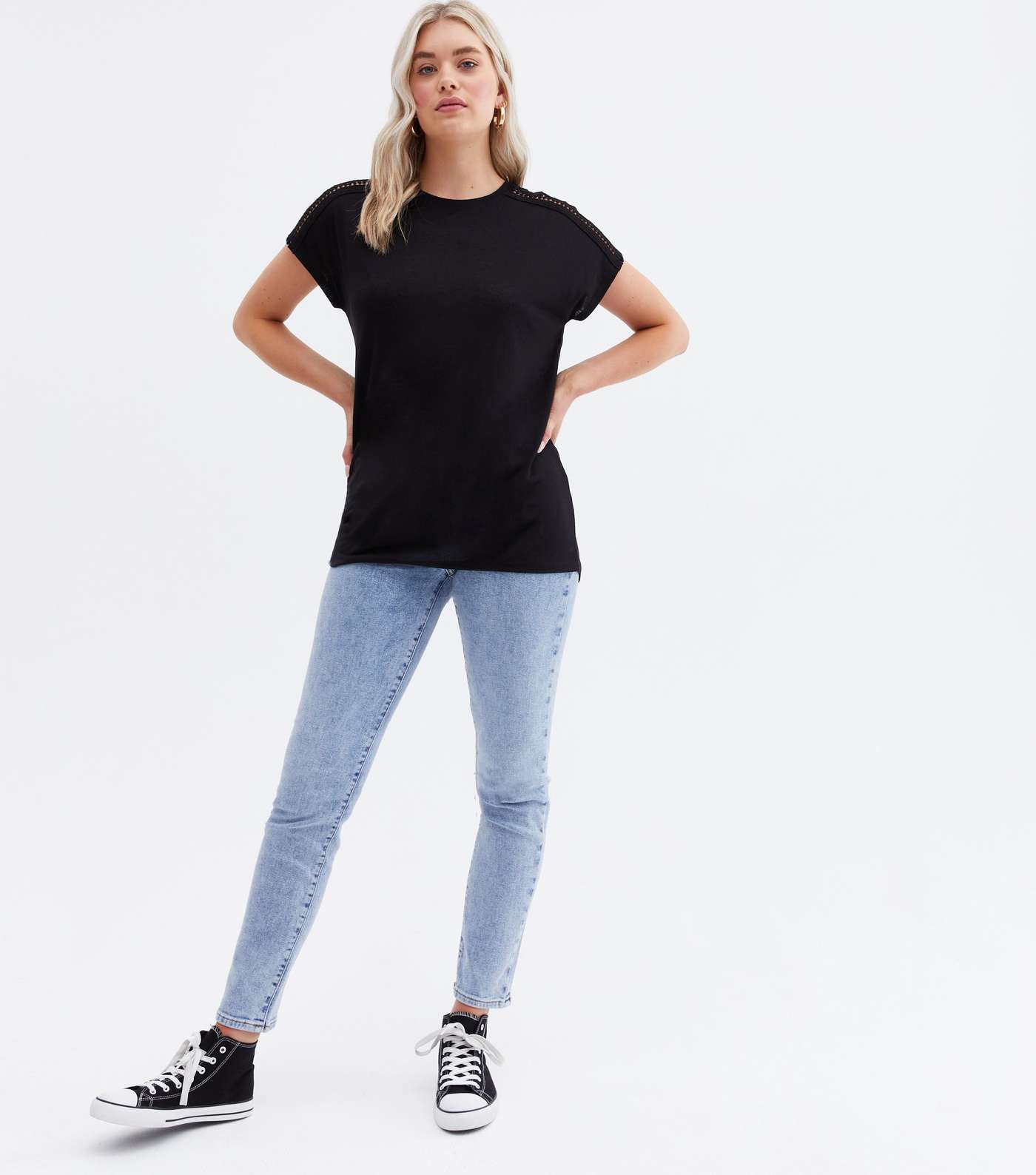Tall Black Crochet Sleeve Long T-Shirt Image 2