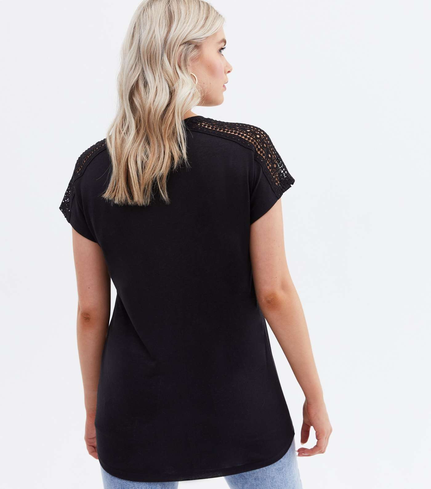 Tall Black Crochet Sleeve Long T-Shirt Image 4