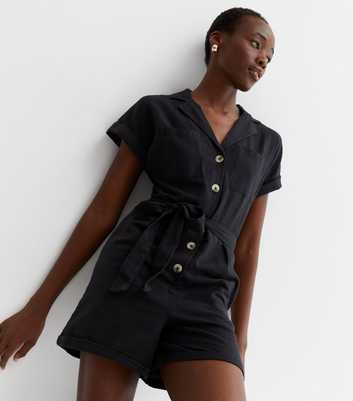 Tall Black Denim Button Front Belted Utility Playsuit