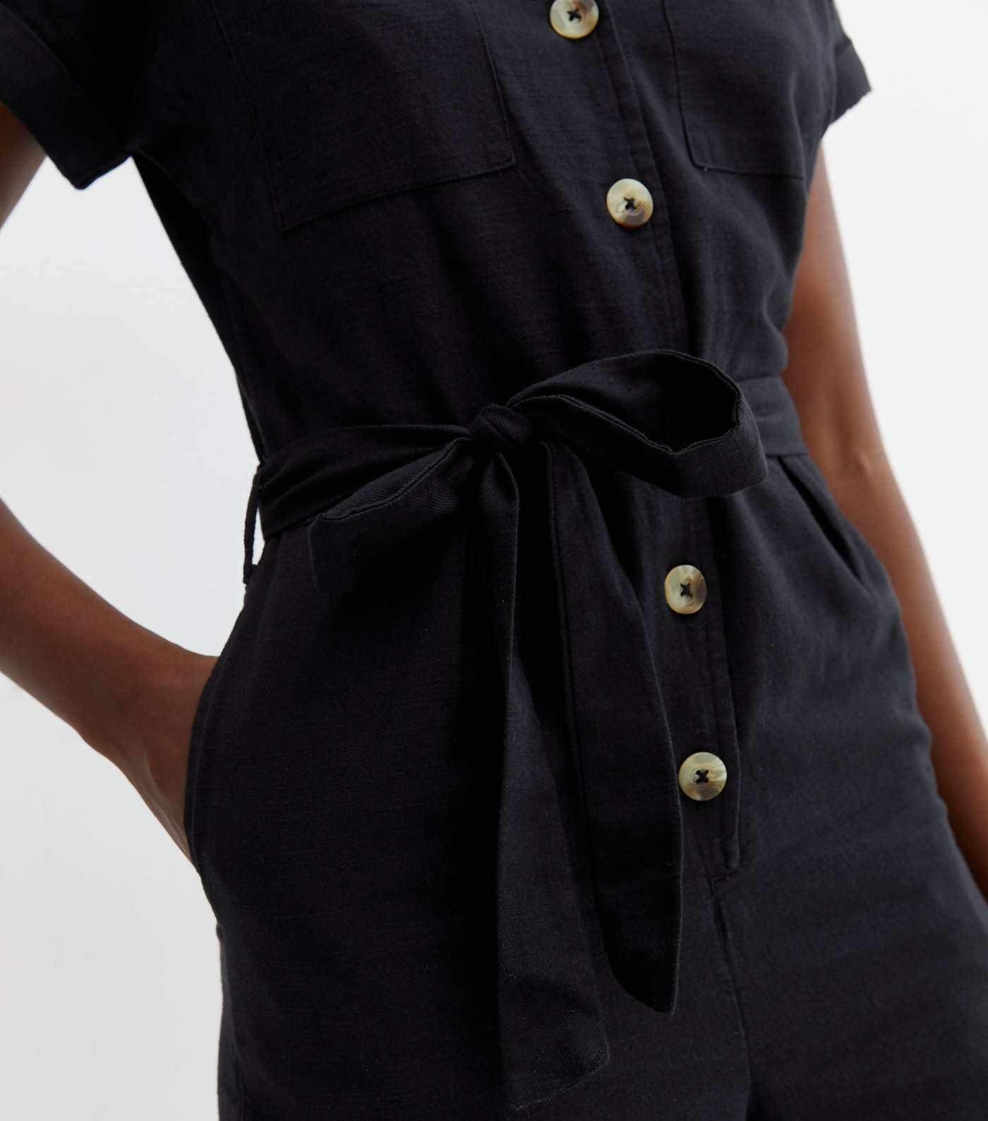 Tall Black Denim Button Front Belted Utility Playsuit Image 3