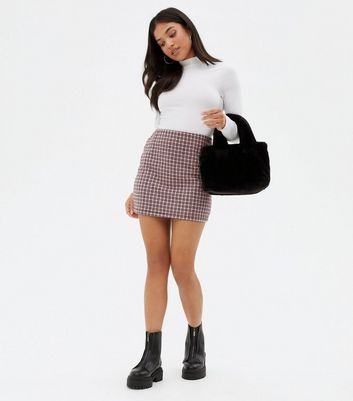 Petite Pink Check Jersey Mini Tube Skirt New Look