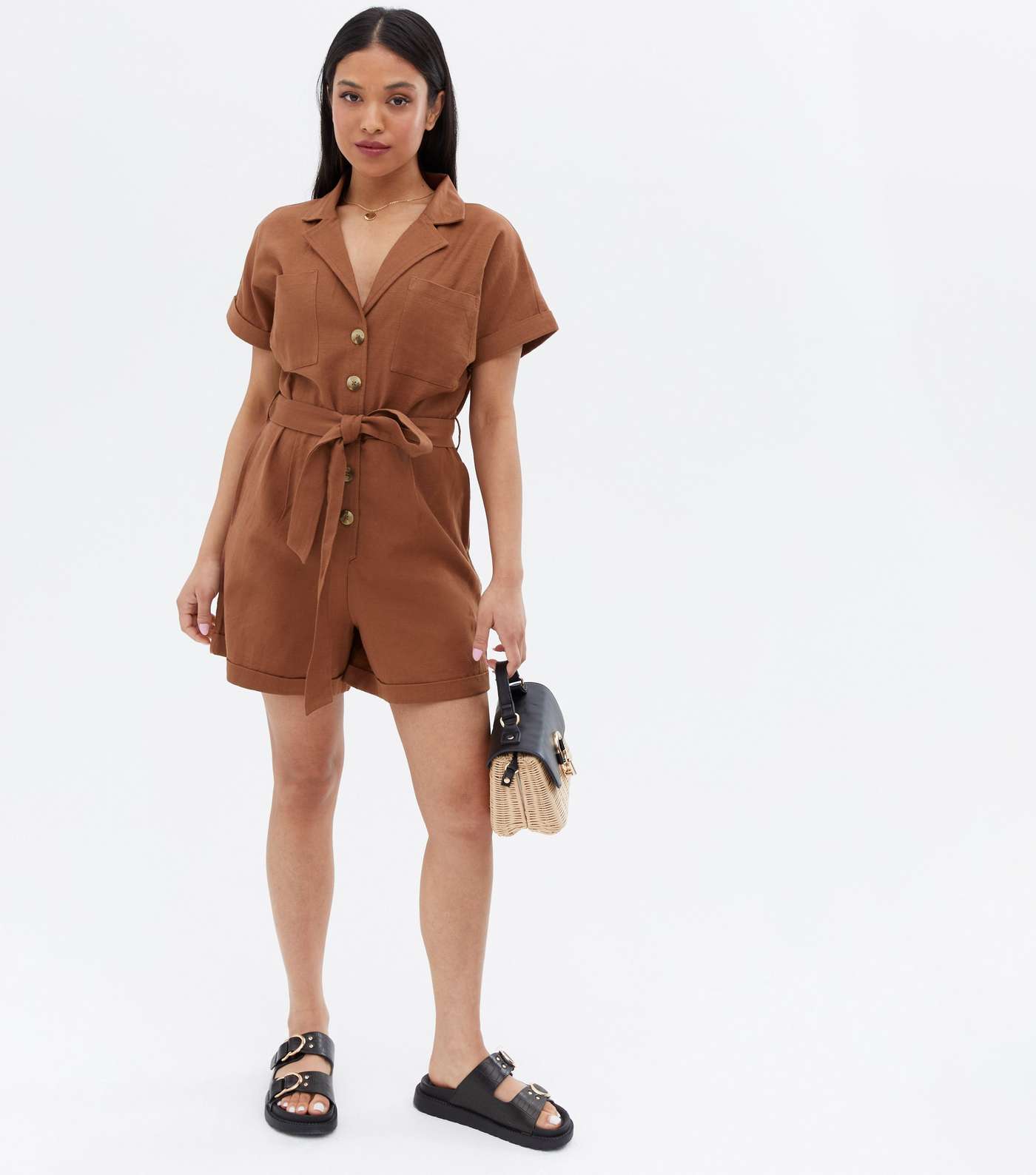 Petite Brown Revere Collar Button Front Belted Playsuit Image 2